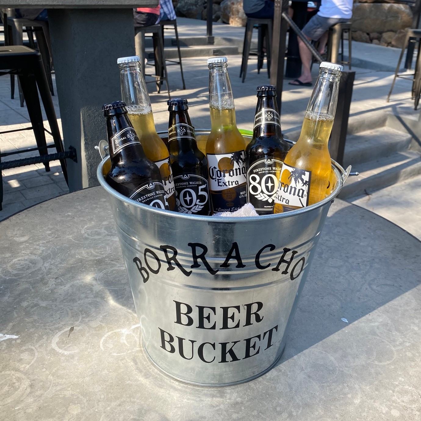 Silver Borracho Saloon Beer Bucket filled with ice, Corona, and 805 Beer