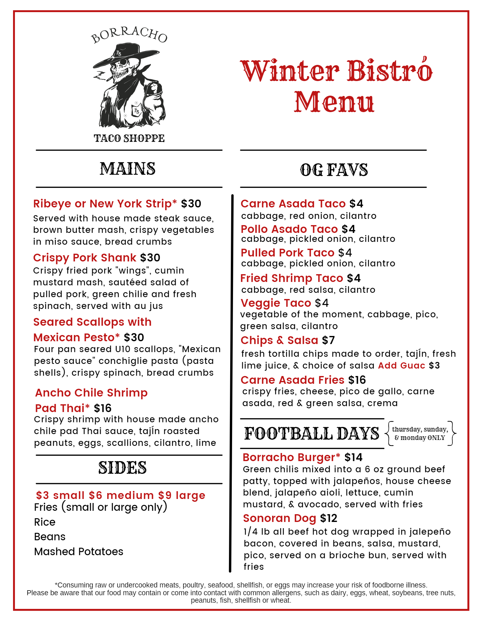 Borracho Saloon food menu